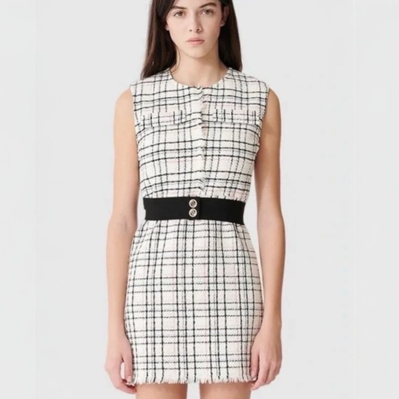 Maje Plaid Tweed Mini Dress Size Cotton Fringe Hem Size 36, US Small‎ - Picture 2 of 12